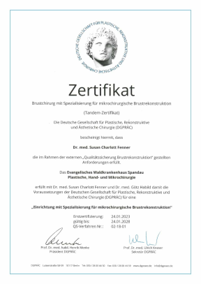 Zertifikat Spezialisierung für mikrochirurgische Brustrekonstruktion